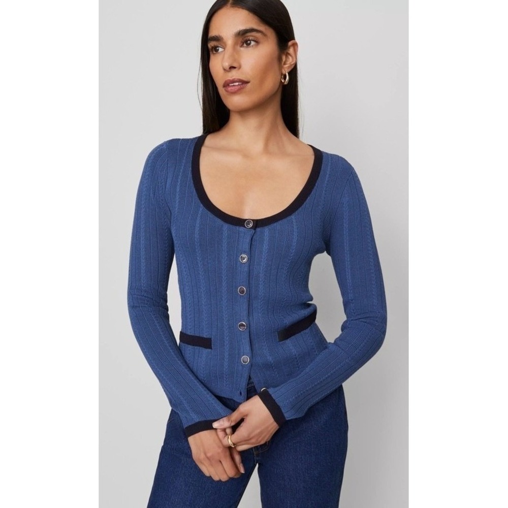 NWT Ann Taylor Women's‎ M Contrast Trim Scoop Neck Cardigan Blue Green Color